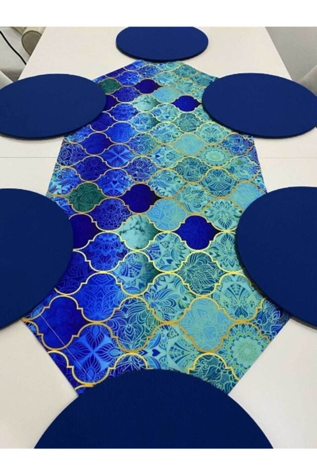 Saks Moroccan Desenli Duck Keten Runner ve 6 Adet Lacivert Keten Supla Seti