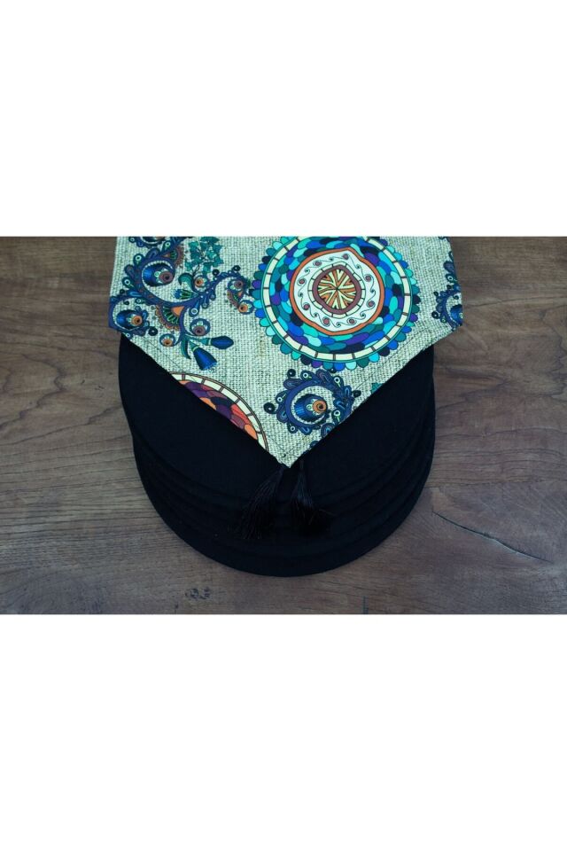 Mandala Desenli Duck Keten Runner ve 6 Adet Siyah Keten Supla Seti