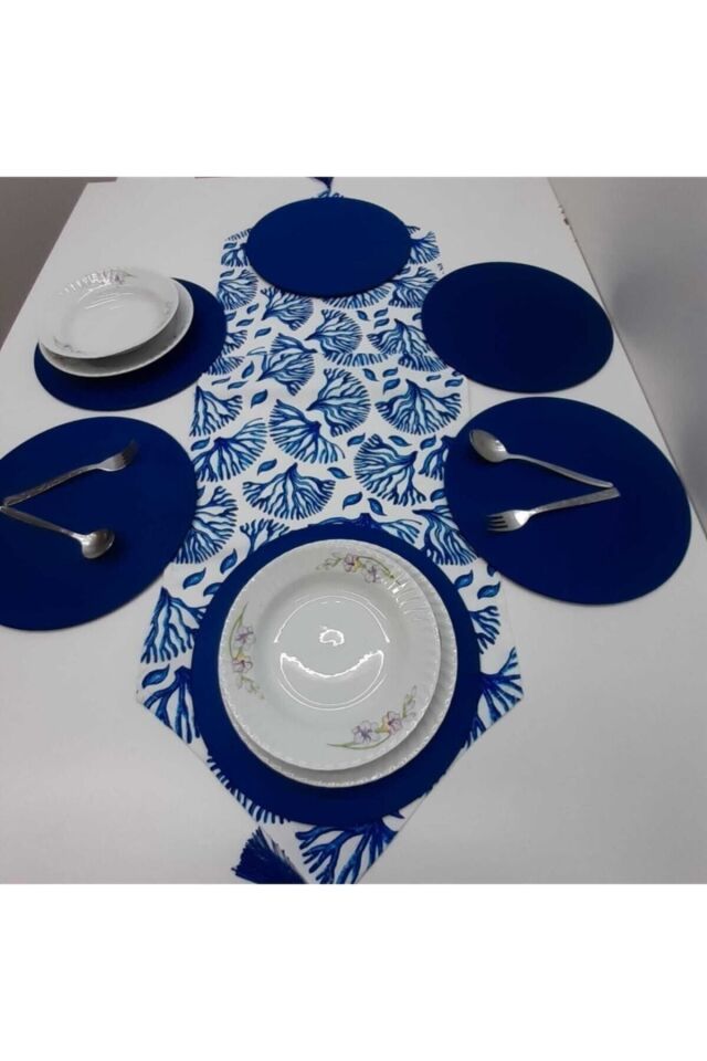 Mercan Desenli Duck Keten Runner ve 6 Adet Saks Keten Supla Seti