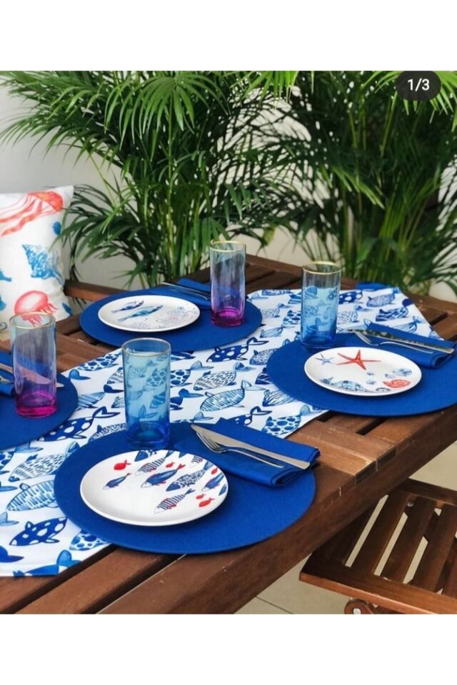 Balık Desenli Duck Keten Runner ve 6 Adet Saks Renkli Keten Supla Seti