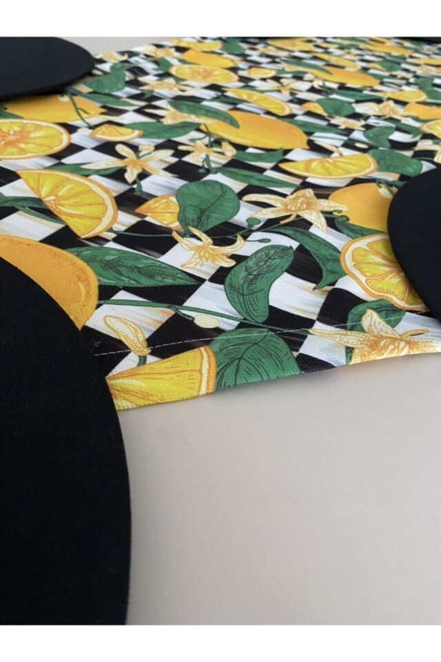 Damalı Limon Desenli Duck Keten Runner ve 6 Adet Siyah Keten Supla Seti