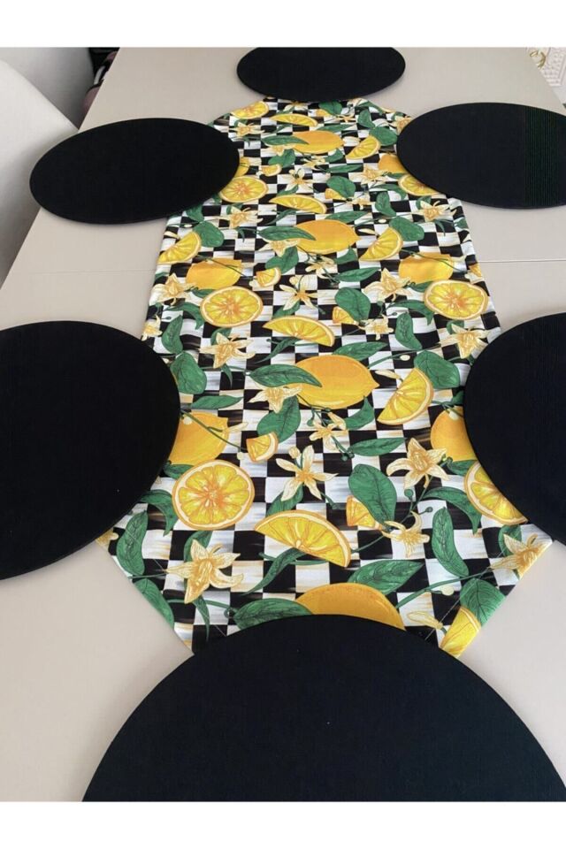 Damalı Limon Desenli Duck Keten Runner ve 6 Adet Siyah Keten Supla Seti