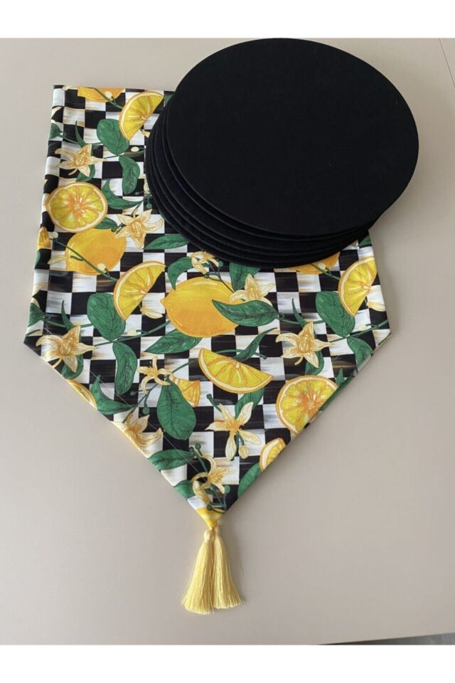 Damalı Limon Desenli Duck Keten Runner ve 6 Adet Siyah Keten Supla Seti