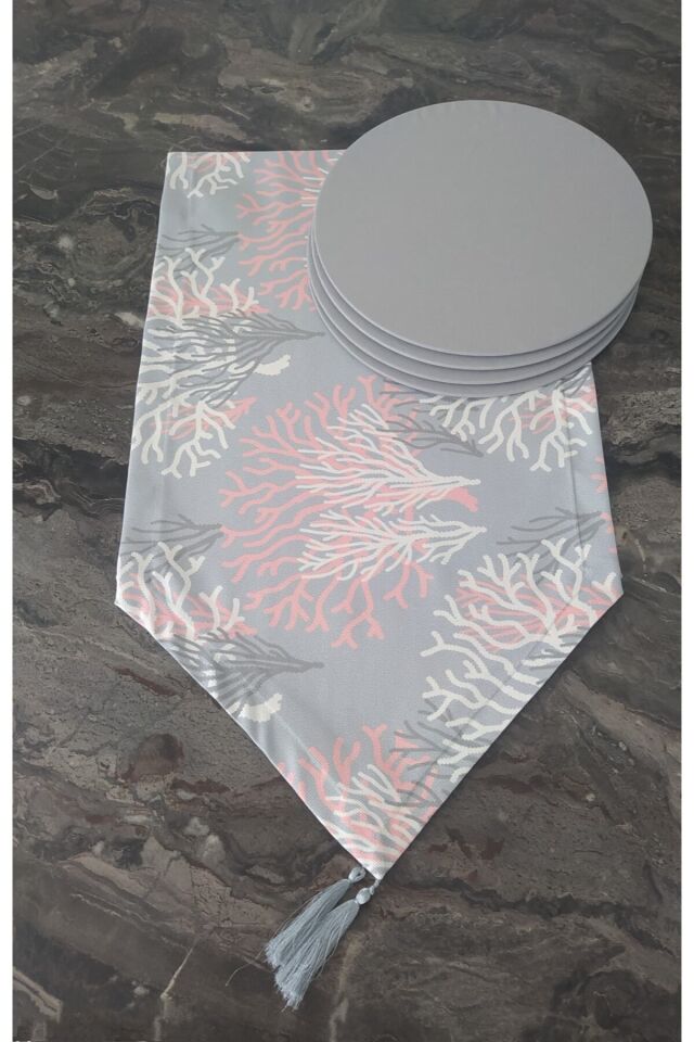Pembe Gri Mercan Desenli Duck Keten Runner ve 6 Adet Gri Keten Supla Seti