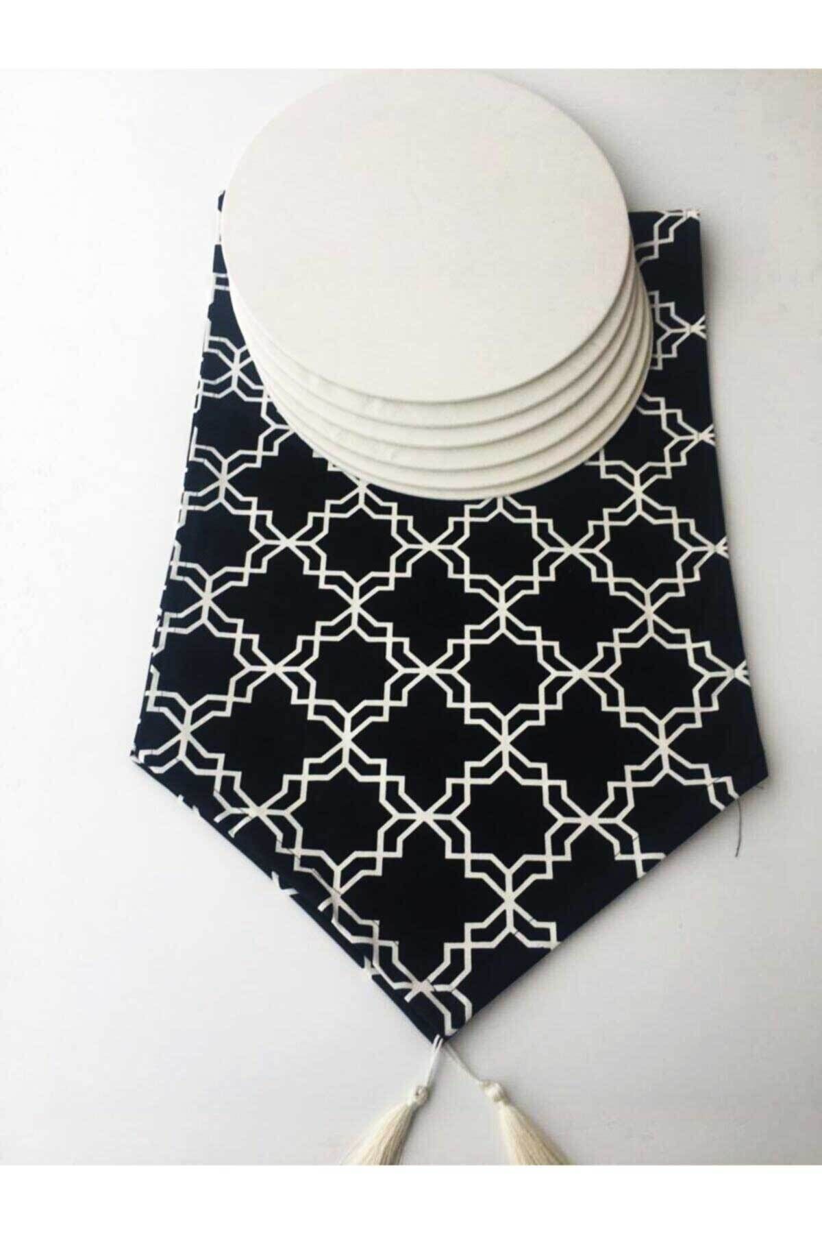 Moroccan Desenli Duck Keten Runner ve 6 Adet Beyaz Keten Supla Seti