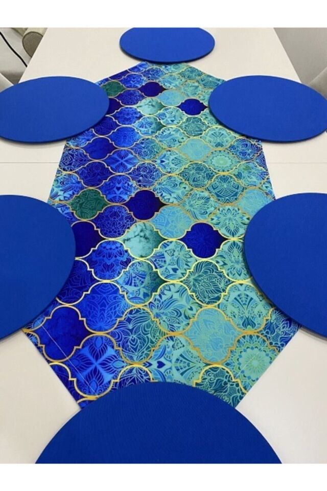 Saks Moroccan Desenli Duck Keten Runner ve 6 Adet Saks Keten Supla Seti