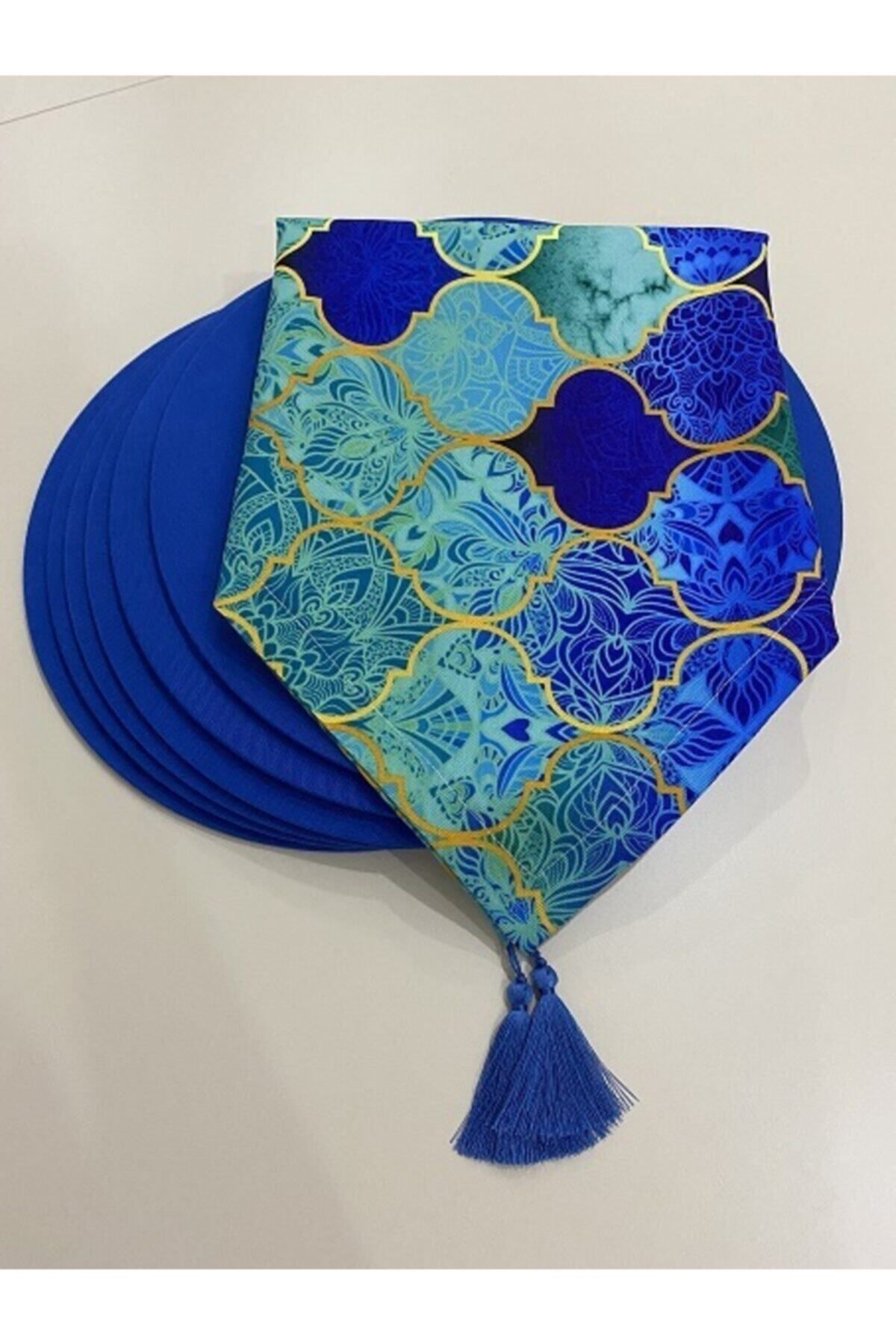 Saks Moroccan Desenli Duck Keten Runner ve 6 Adet Saks Keten Supla Seti
