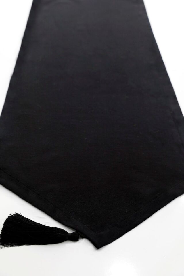 Siyah Üçgen Runner Dev Püskül Duck Keten Dertsiz Kumaş ( 140cm X 40cm )