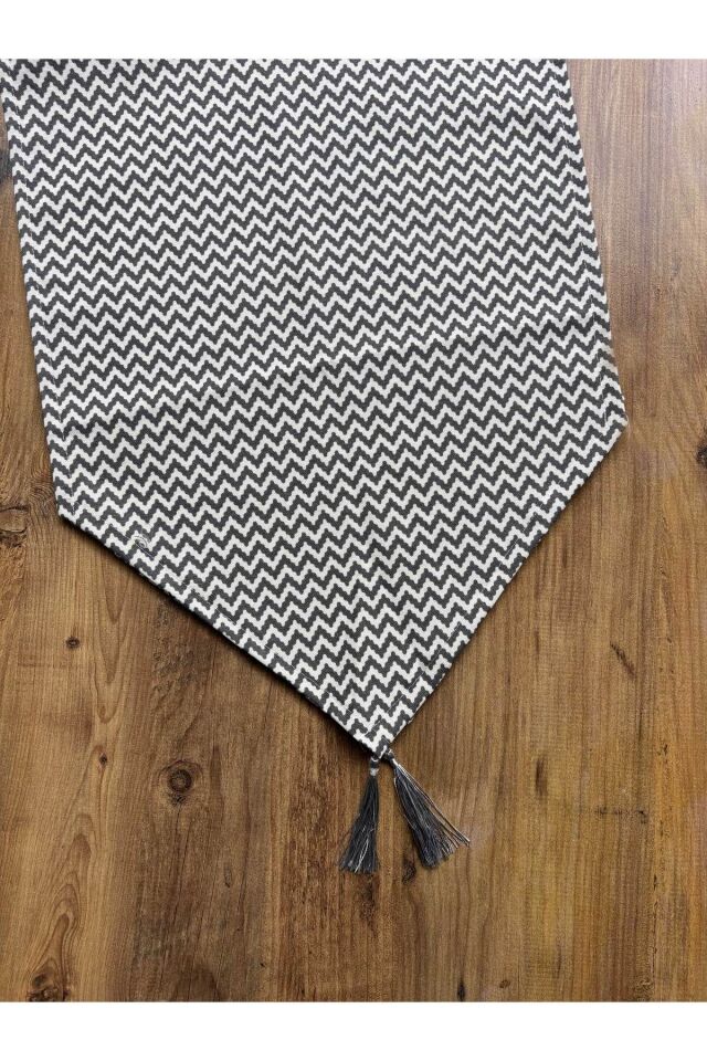 Gri Zikzak Desenli Duck Keten Runner ve 6'lı Gri Supla Seti
