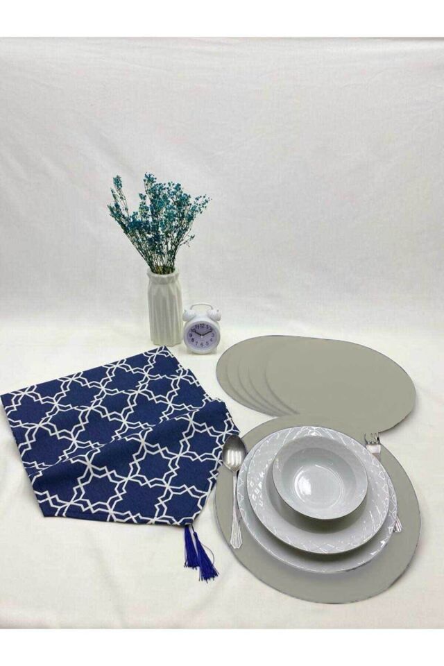 Lacivert Moroccan Desenli Duck Keten Runner ve 6 Adet Krem Keten Supla Seti