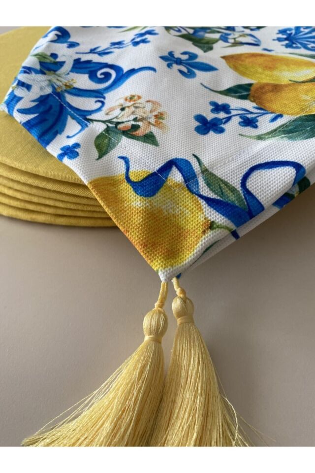 Hareketli ve Renkli: Mavi Limon Desenli Püsküllü Runner ile Modern Masa Dekoru , Masa Örtüsü