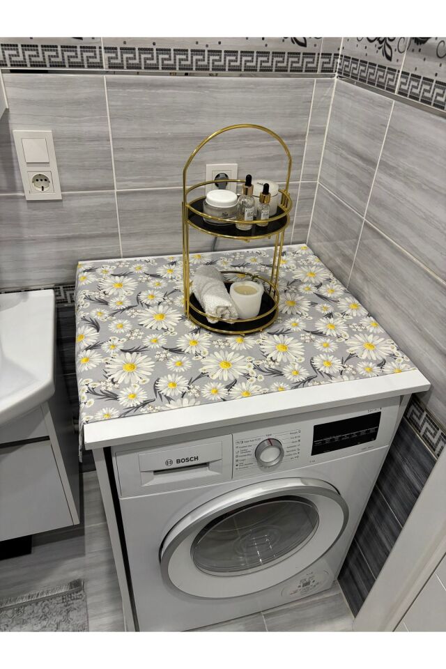 Lacivert Moroccan Yonca Duck Keten Su Geçirmez ,Kirlenmez Çamaşır Makinesi Örtüsü Papatya Duck Keten - 90 x 55