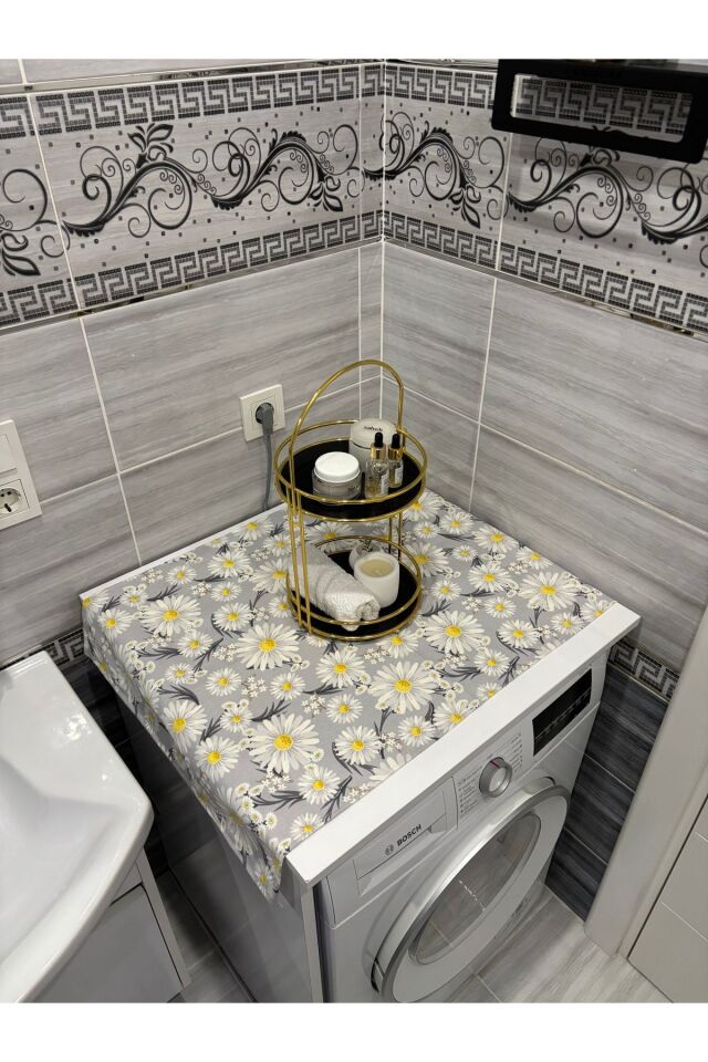 Lacivert Moroccan Yonca Duck Keten Su Geçirmez ,Kirlenmez Çamaşır Makinesi Örtüsü Papatya Duck Keten - 90 x 55
