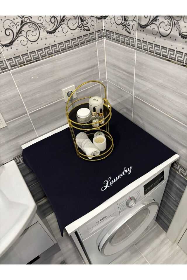 Lacivert Moroccan Yonca Duck Keten Su Geçirmez ,Kirlenmez Çamaşır Makinesi Örtüsü Siyah Laundry - 90 x 55