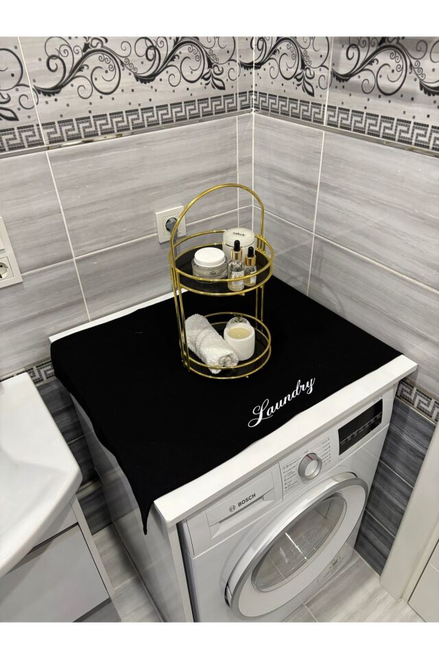 Lacivert Moroccan Yonca Duck Keten Su Geçirmez ,Kirlenmez Çamaşır Makinesi Örtüsü Siyah Laundry - 90 x 55