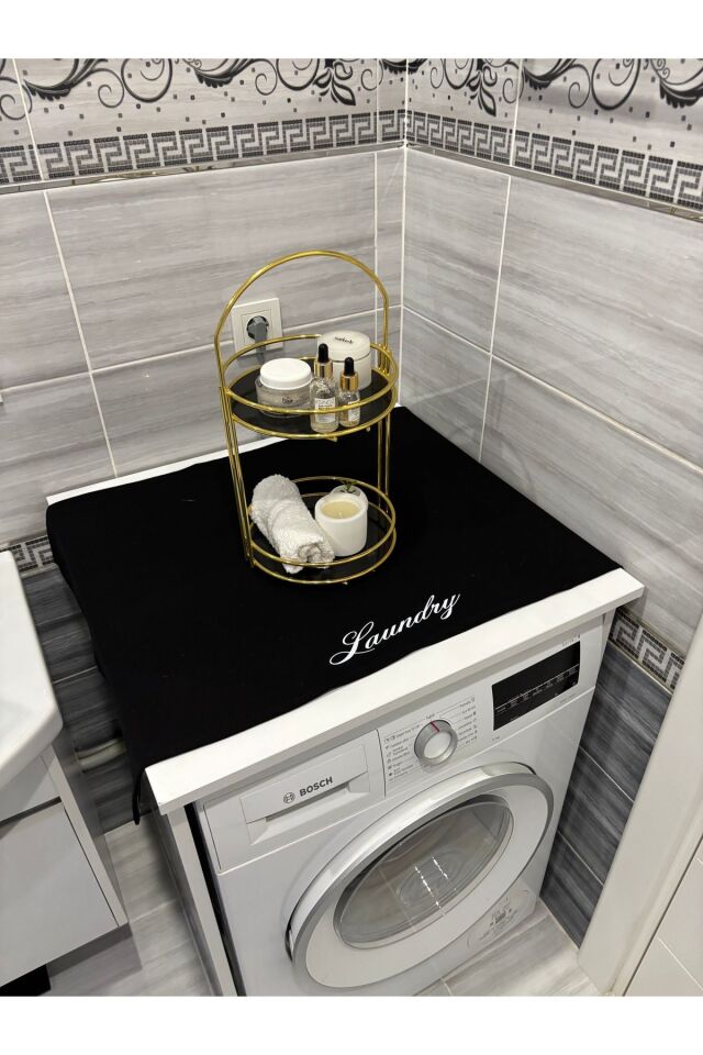 Lacivert Moroccan Yonca Duck Keten Su Geçirmez ,Kirlenmez Çamaşır Makinesi Örtüsü Siyah Laundry - 90 x 55