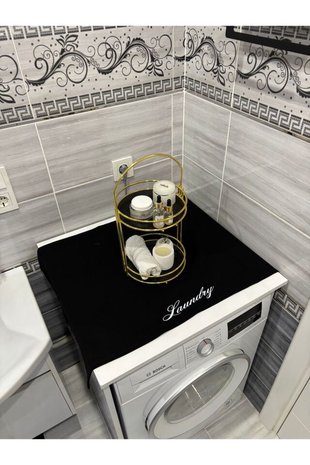 Lacivert Moroccan Yonca Duck Keten Su Geçirmez ,Kirlenmez Çamaşır Makinesi Örtüsü Siyah Laundry - 90 x 55