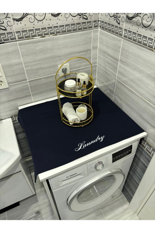 Lacivert Moroccan Yonca Duck Keten Su Geçirmez ,Kirlenmez Çamaşır Makinesi Örtüsü Siyah Laundry - 90 x 55