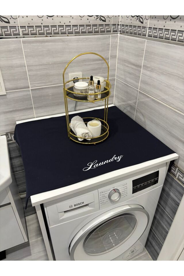 Lacivert Moroccan Yonca Duck Keten Su Geçirmez ,Kirlenmez Çamaşır Makinesi Örtüsü Siyah Laundry - 90 x 55