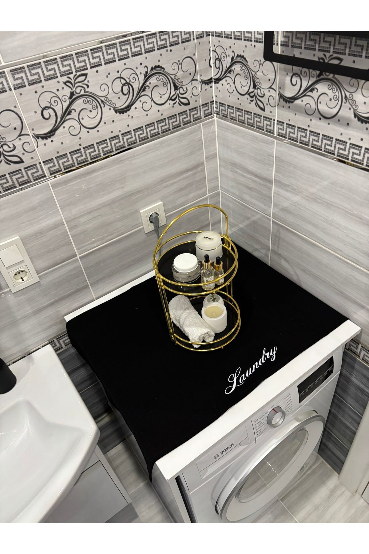Lacivert Moroccan Yonca Duck Keten Su Geçirmez ,Kirlenmez Çamaşır Makinesi Örtüsü Siyah Laundry - 90 x 55