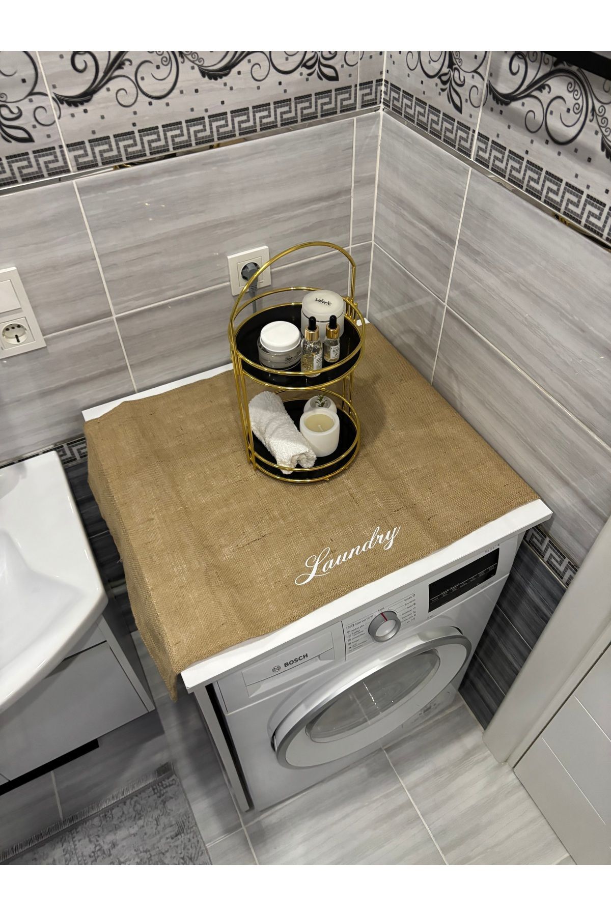 Lacivert Moroccan Yonca Duck Keten Su Geçirmez ,Kirlenmez Çamaşır Makinesi Örtüsü Jüt Beyaz Laundry - 90 x 55