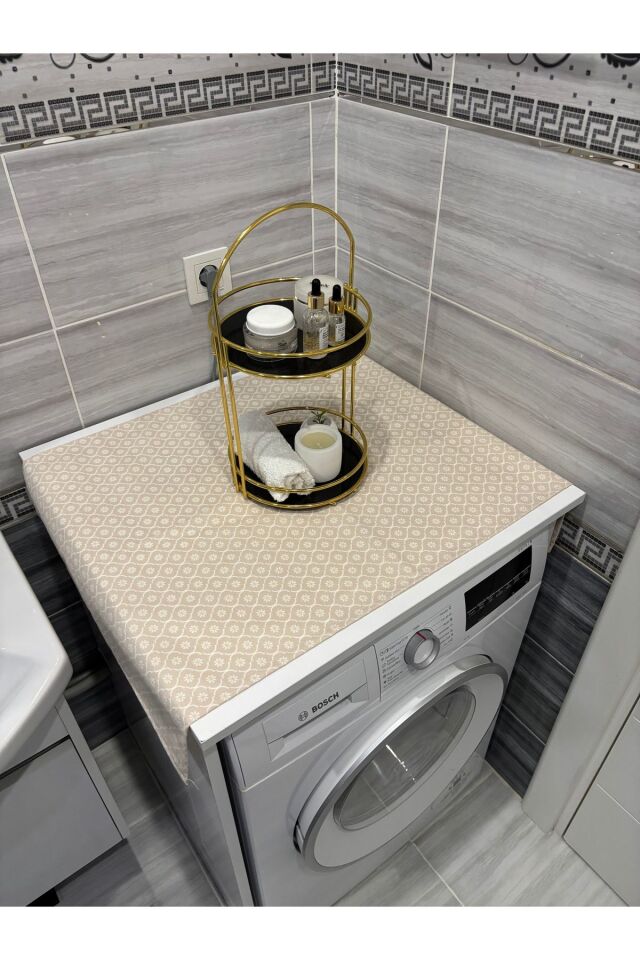 Lacivert Moroccan Yonca Duck Keten Su Geçirmez ,Kirlenmez Çamaşır Makinesi Örtüsü Bej Moroccan Yonca - 90 x 55