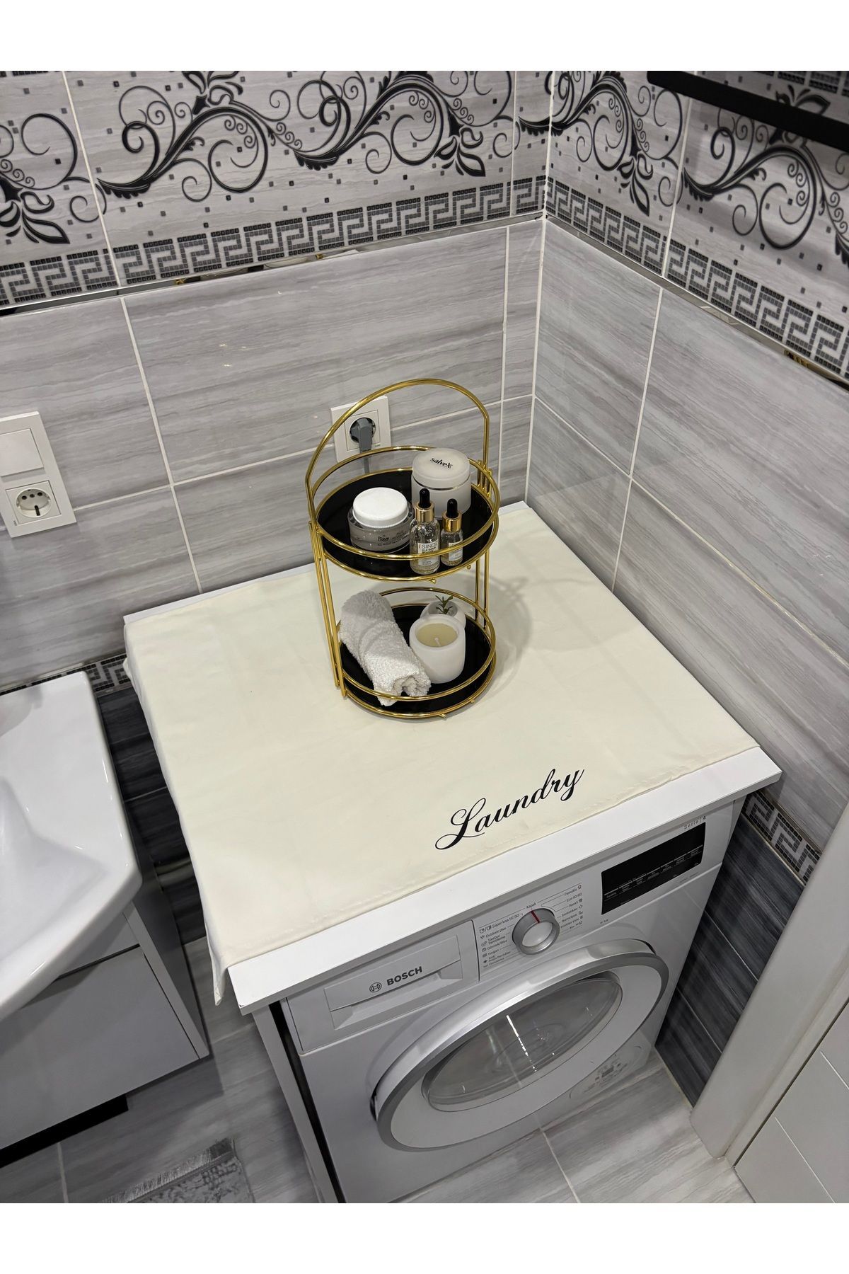 Lacivert Moroccan Yonca Duck Keten Su Geçirmez ,Kirlenmez Çamaşır Makinesi Örtüsü Krem Laundry - 90 x 55
