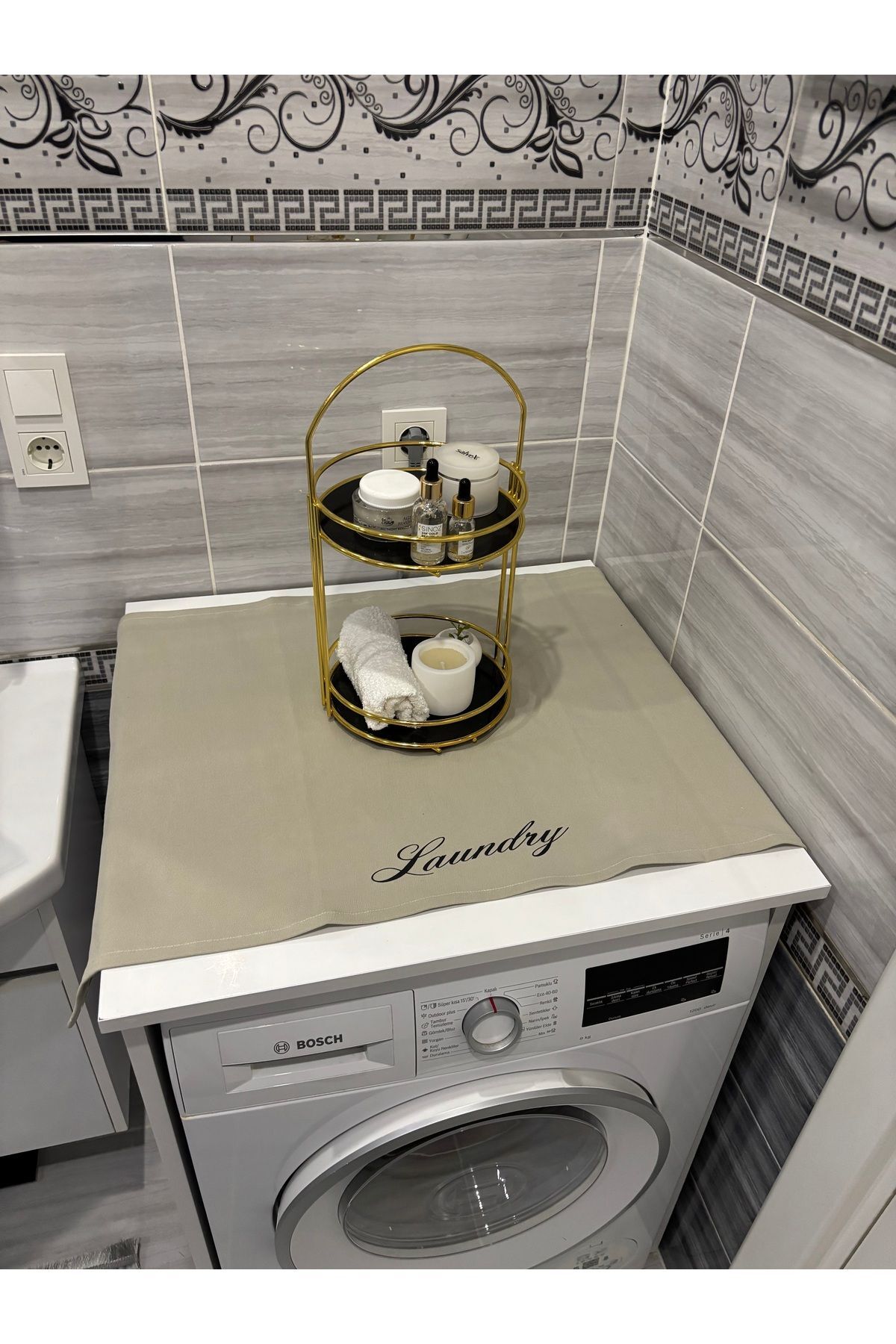 Lacivert Moroccan Yonca Duck Keten Su Geçirmez ,Kirlenmez Çamaşır Makinesi Örtüsü Gri Laundry Duck - 90 x 55