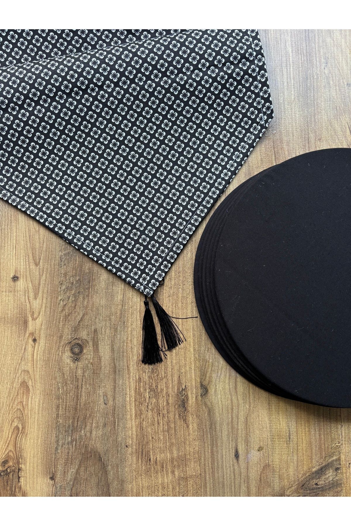 Modern Altıgen Desenli Duck Keten Runner ve 6'lı Pembe Supla Seti Siyah Yonca - 40 x 140