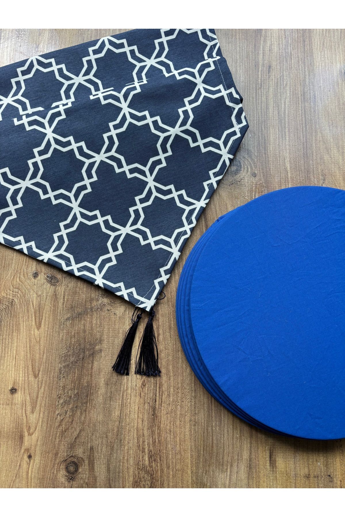 Modern Altıgen Desenli Duck Keten Runner ve 6'lı Pembe Supla Seti Laci Saks Morrocan - 40 x 140