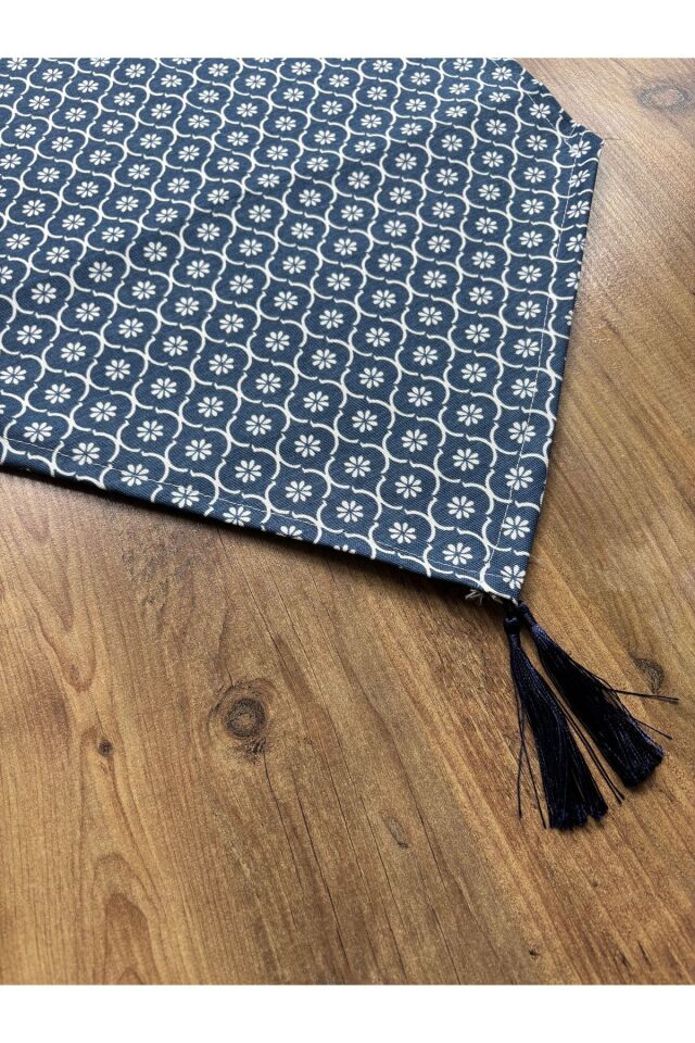 Modern Altıgen Desenli Duck Keten Runner ve 6'lı Pembe Supla Seti Lacivert Yonca - 40 x 140
