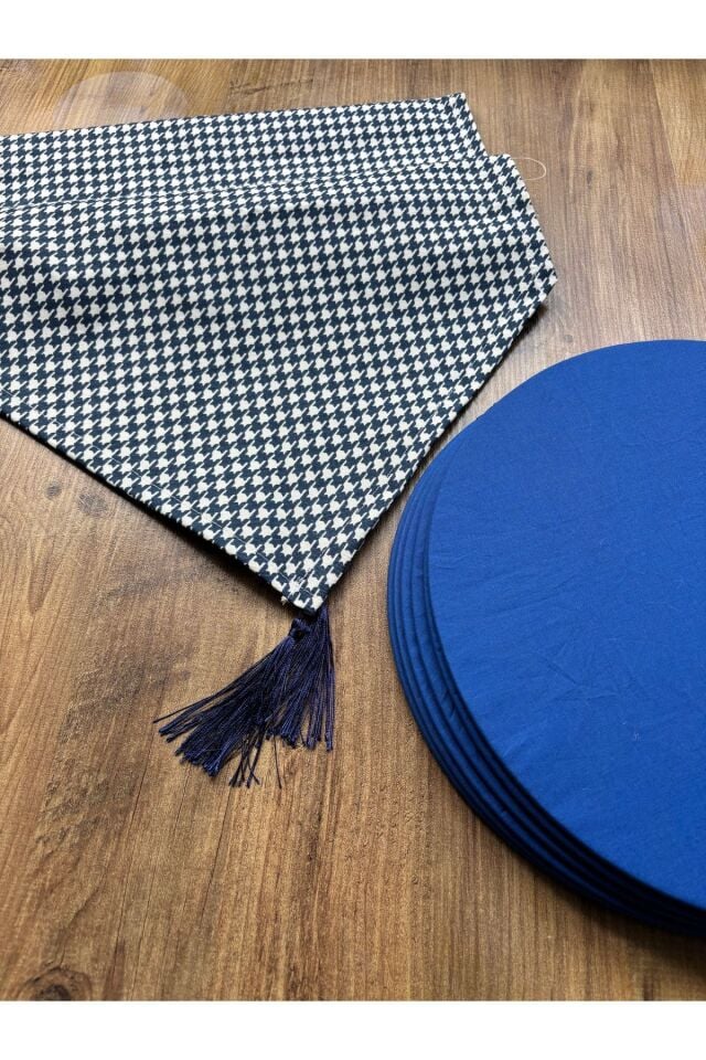 Modern Altıgen Desenli Duck Keten Runner ve 6'lı Pembe Supla Seti Laci Saks Kaz - 40 x 140