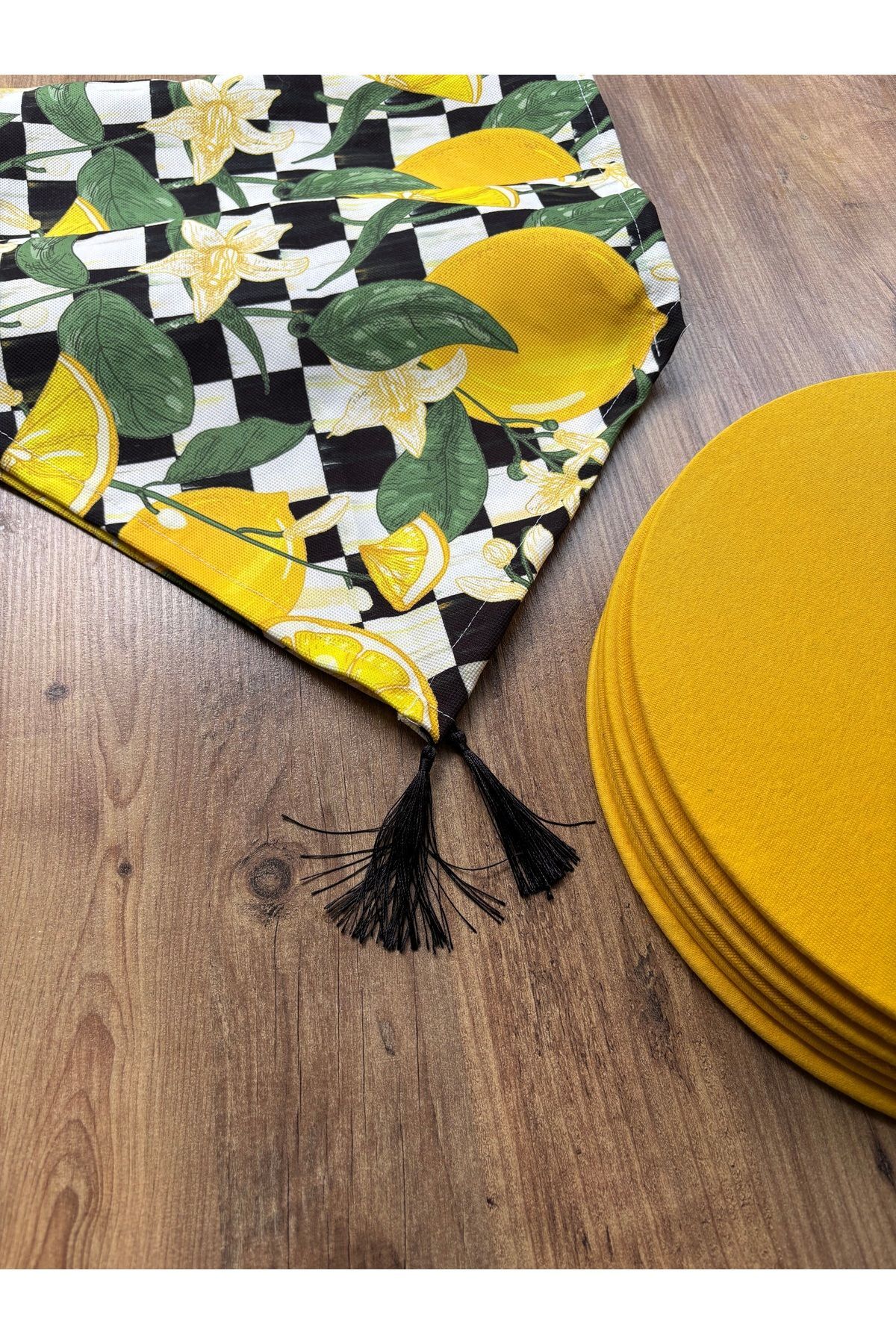 Modern Altıgen Desenli Duck Keten Runner ve 6'lı Pembe Supla Seti Dama Limon Sarı - 40 x 140
