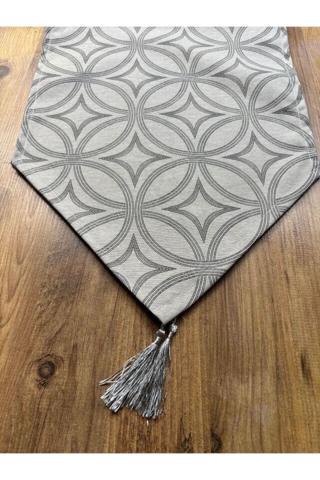Modern Altıgen Desenli Duck Keten Runner ve 6'lı Pembe Supla Seti Gri Rita - 40 x 140