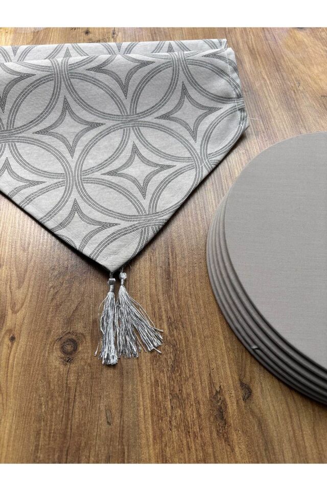 Modern Altıgen Desenli Duck Keten Runner ve 6'lı Pembe Supla Seti Gri Rita - 40 x 140
