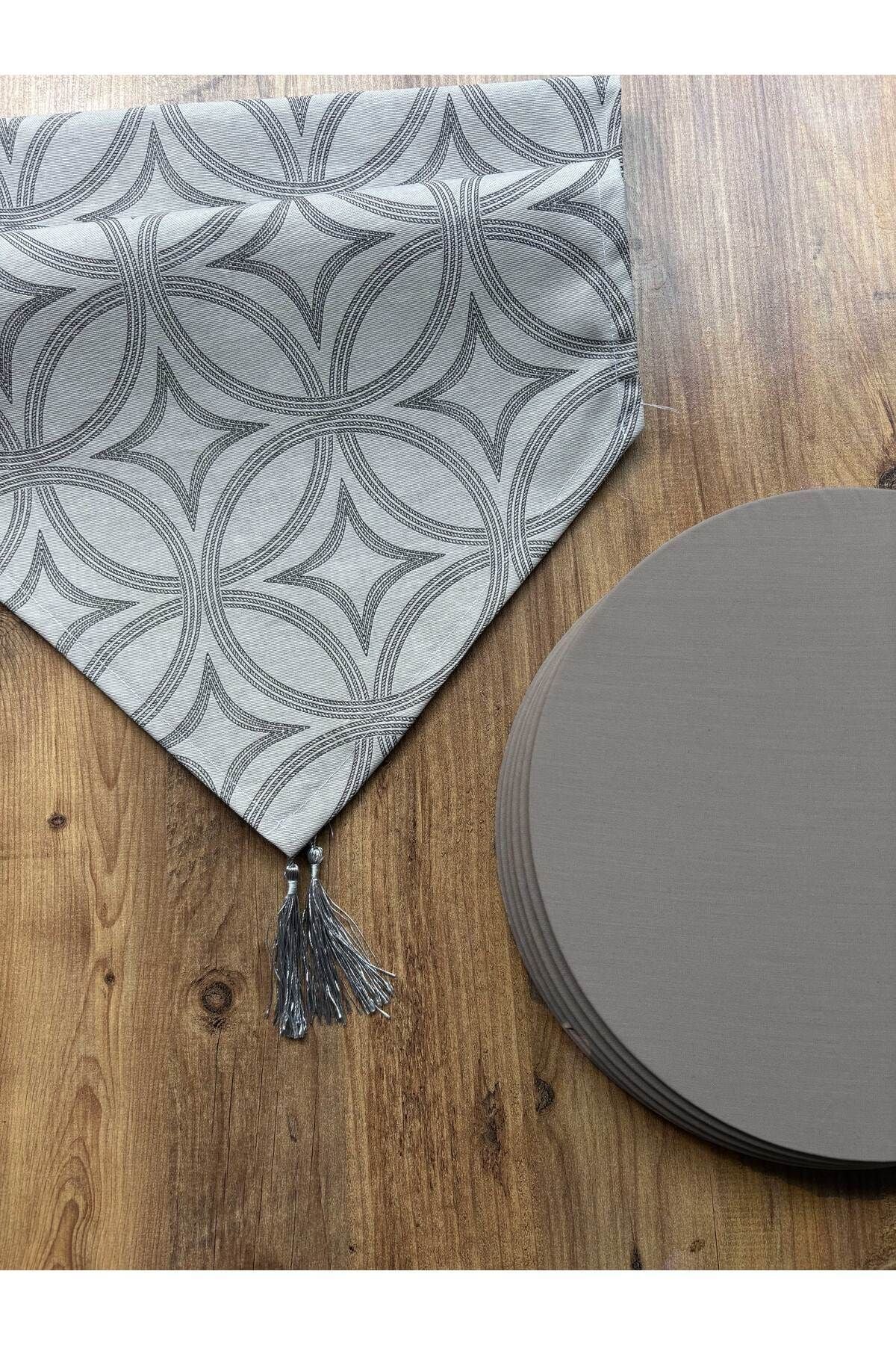 Modern Altıgen Desenli Duck Keten Runner ve 6'lı Pembe Supla Seti Gri Rita - 40 x 140