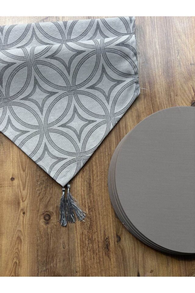 Modern Altıgen Desenli Duck Keten Runner ve 6'lı Pembe Supla Seti Gri Rita - 40 x 140