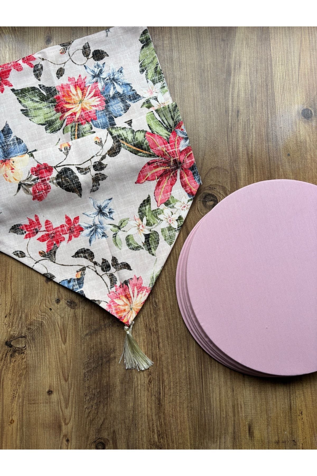 Modern Altıgen Desenli Duck Keten Runner ve 6'lı Pembe Supla Seti Bahar Pembe - 40 x 140
