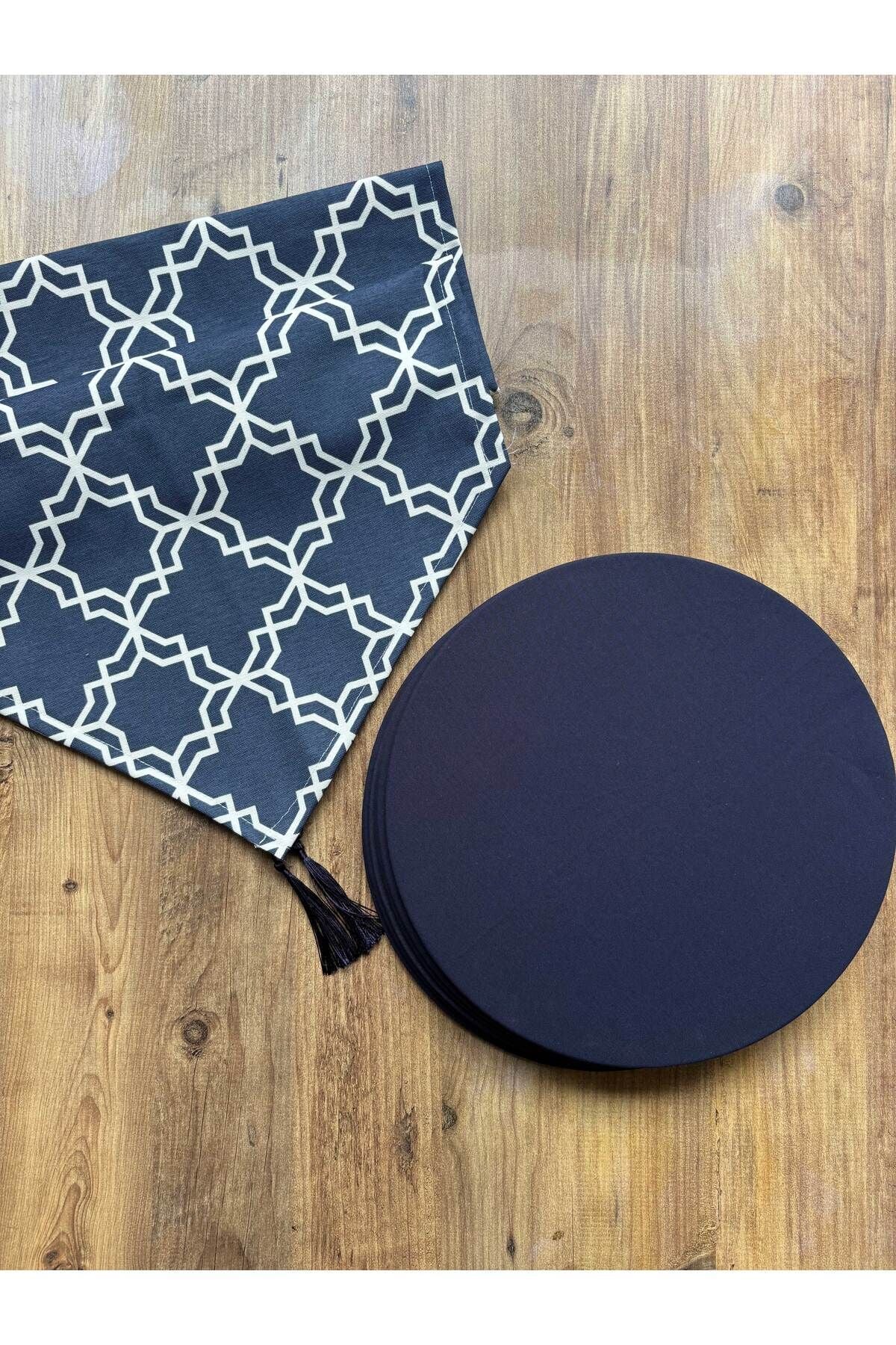 Modern Altıgen Desenli Duck Keten Runner ve 6'lı Pembe Supla Seti Laci Moroccan - 40 x 140
