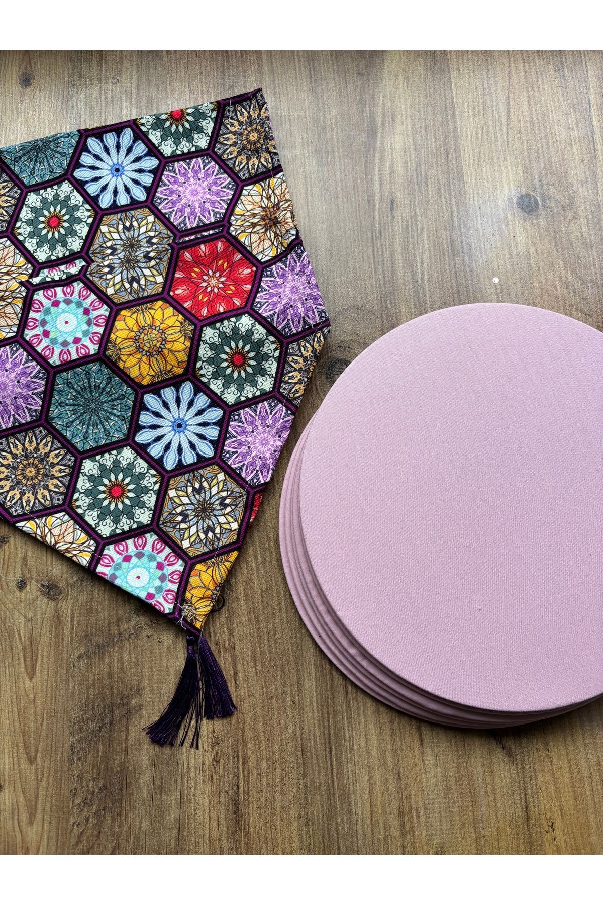 Modern Altıgen Desenli Duck Keten Runner ve 6'lı Pembe Supla Seti Altıgen Pembe - 40 x 140
