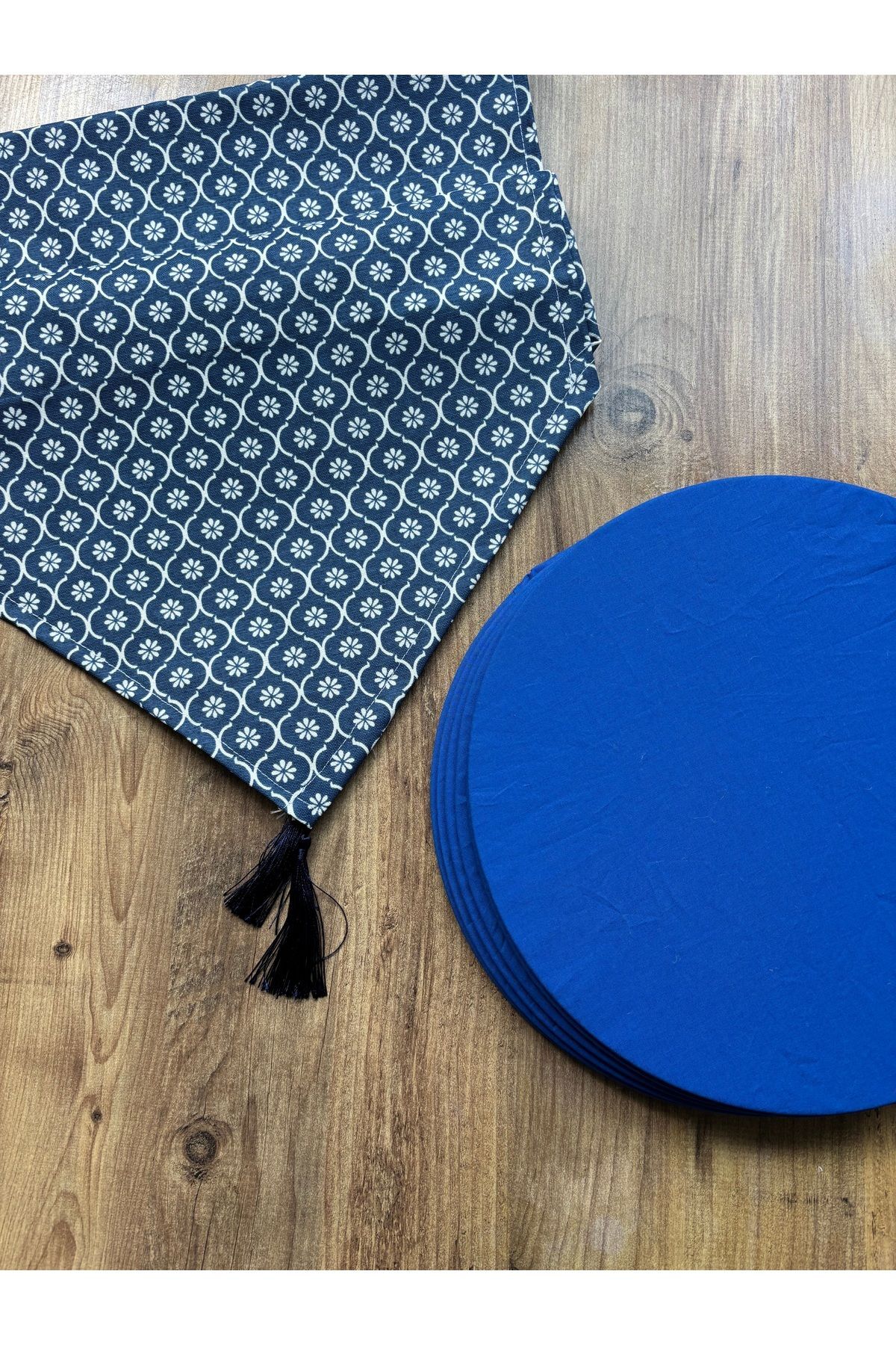 Modern Altıgen Desenli Duck Keten Runner ve 6'lı Pembe Supla Seti Laci Saks Myonca - 40 x 140