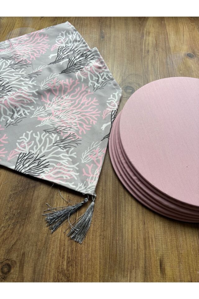 Modern Altıgen Desenli Duck Keten Runner ve 6'lı Pembe Supla Seti Mercan Pembe - 40 x 140