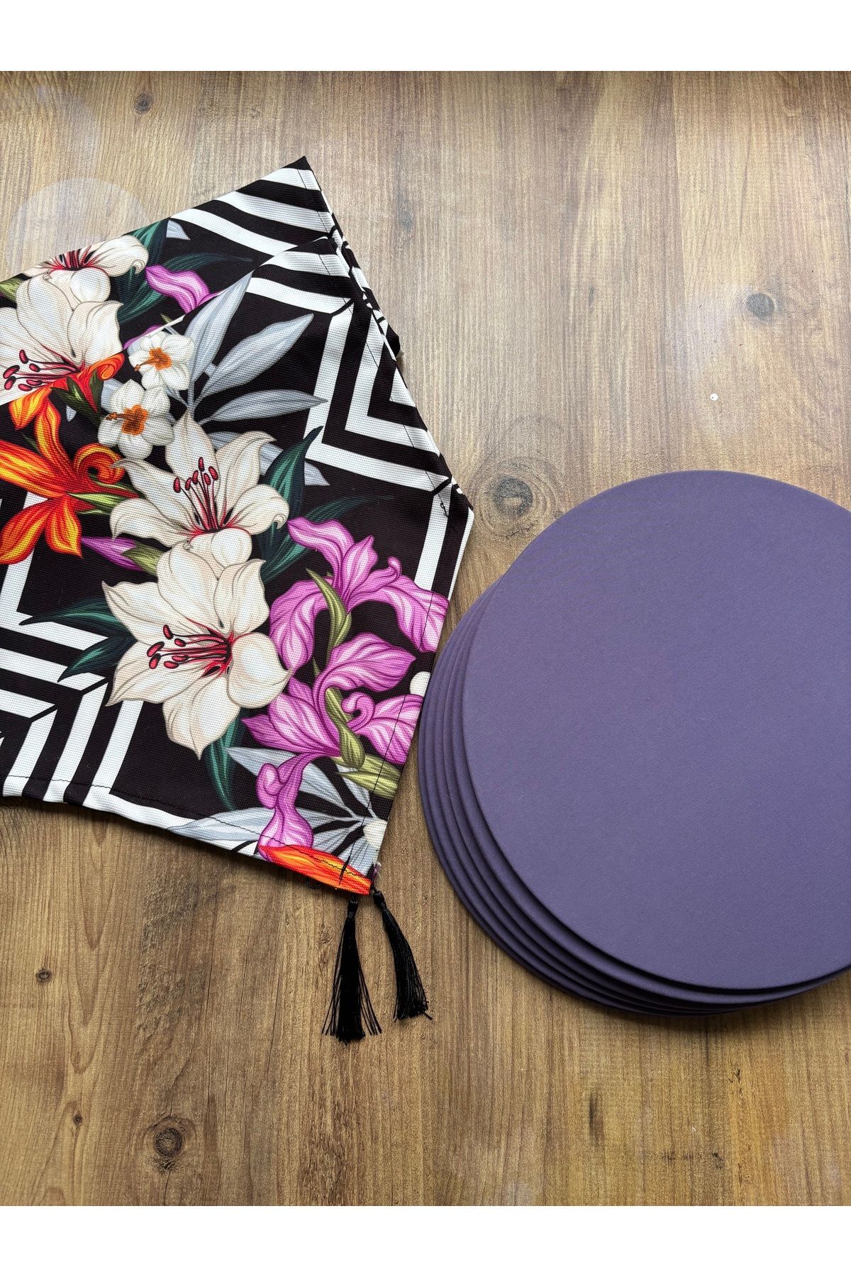 Modern Altıgen Desenli Duck Keten Runner ve 6'lı Pembe Supla Seti Zambak Lila - 40 x 140