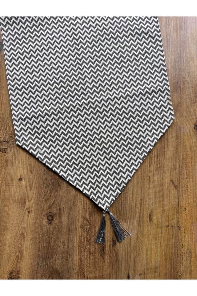 Gri Zikzak Desenli Duck Keten Runner ve 6'lı Gri Supla Seti Gri Gri Zikzak - 40 x 140