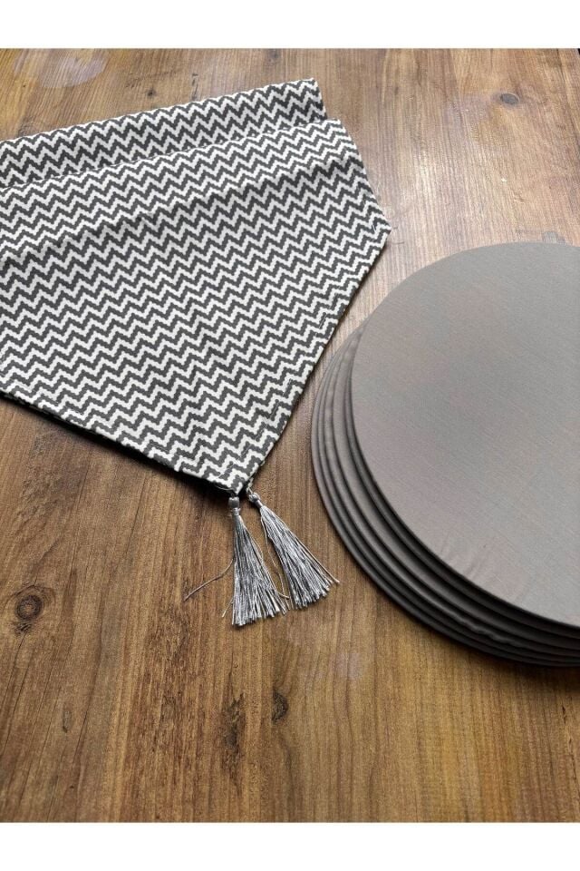 Gri Zikzak Desenli Duck Keten Runner ve 6'lı Gri Supla Seti Gri Gri Zikzak - 40 x 140