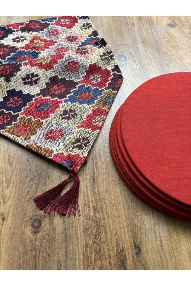 Gri Zikzak Desenli Duck Keten Runner ve 6'lı Gri Supla Seti Kilim Kiremit - 40 x 140