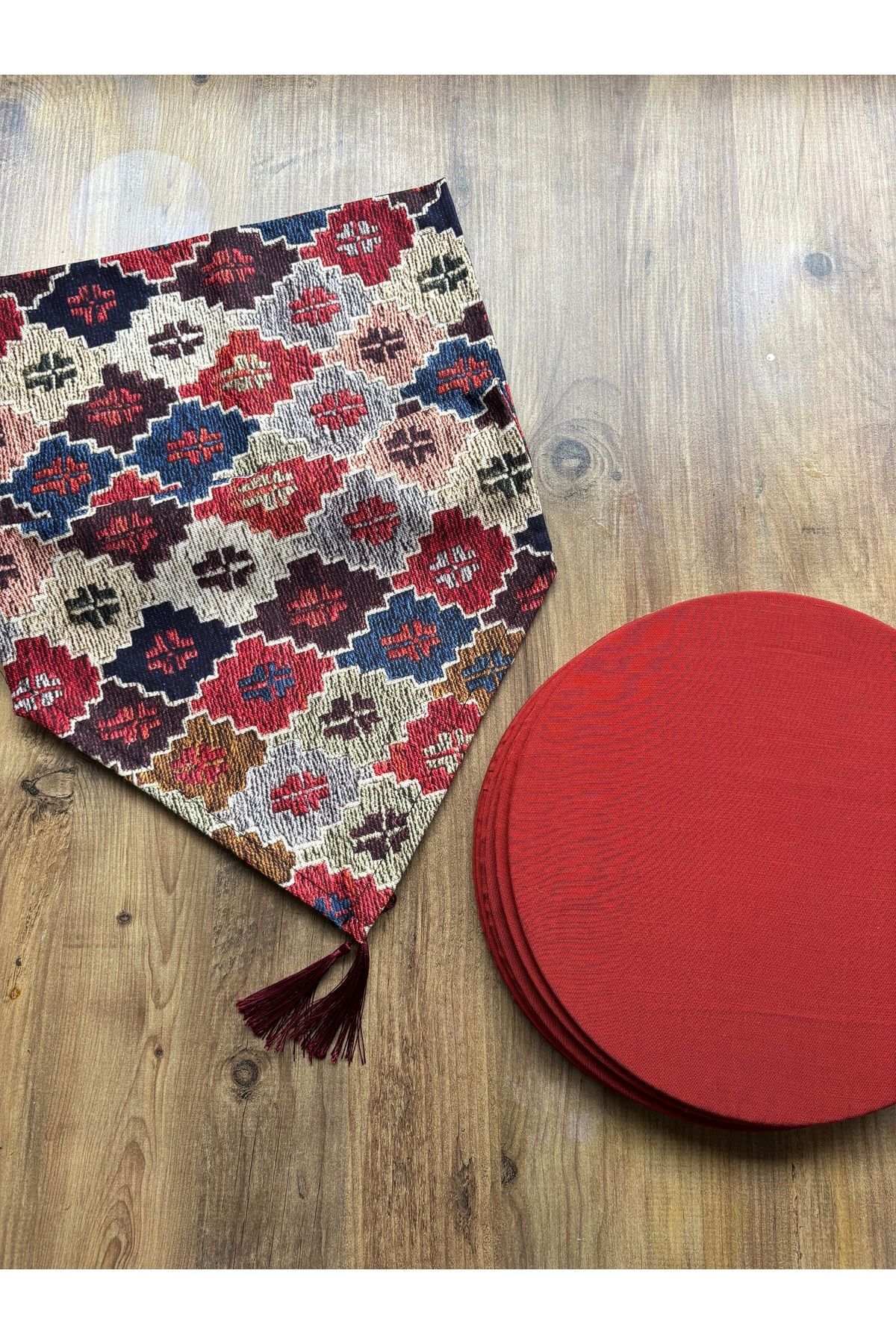 Gri Zikzak Desenli Duck Keten Runner ve 6'lı Gri Supla Seti Kilim Kiremit - 40 x 140