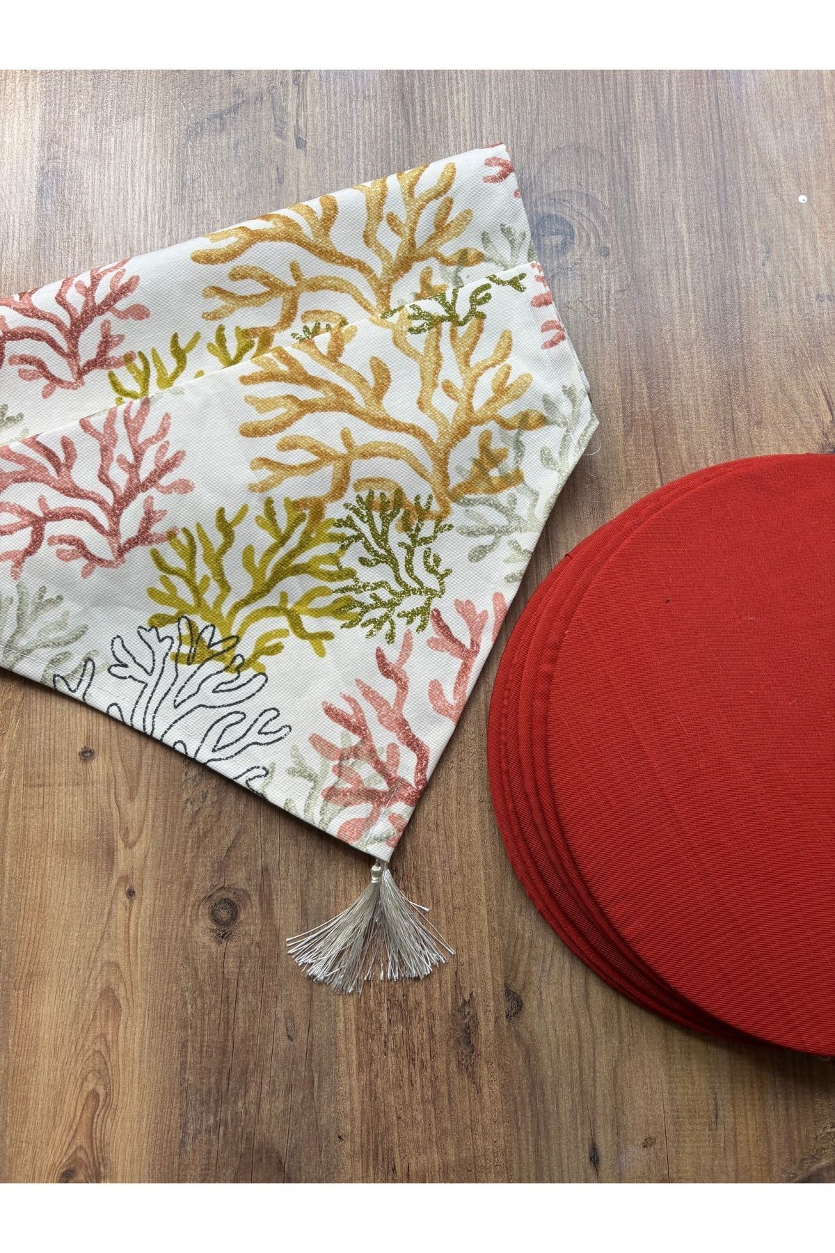 Gri Zikzak Desenli Duck Keten Runner ve 6'lı Gri Supla Seti Turuncu Kiremit - 40 x 140
