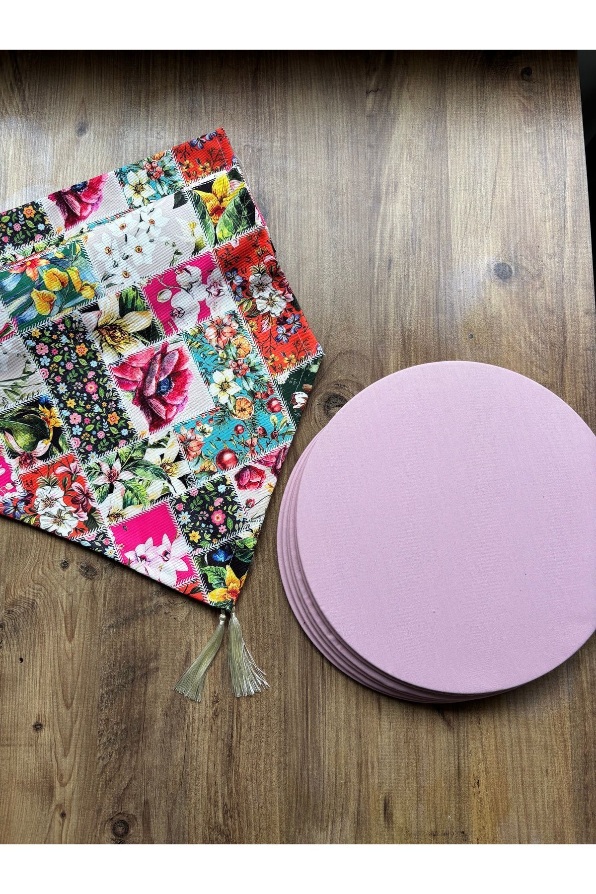 Modern Altıgen Desenli Duck Keten Runner ve 6'lı Pembe Supla Seti Karmaşık Pembe - 40 x 140