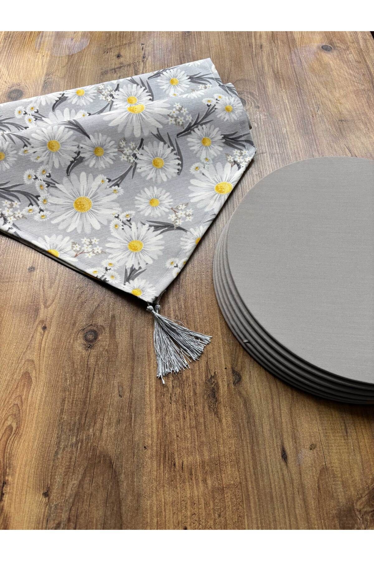 Modern Altıgen Desenli Duck Keten Runner ve 6'lı Pembe Supla Seti Papatya Gri - 40 x 140